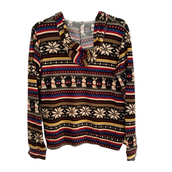 Vintage Black Multicolor Bunny Fairisle Inspired Hooded Sweater - Picture 2 of 5